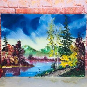 Vintage Vibrant Scenic Fall  Landscape Signed Oil Painting On Canvas